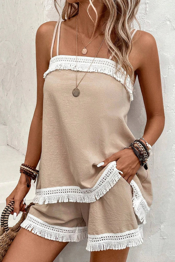 Diana® | Light khaki cami top and shorts set with fringe splices