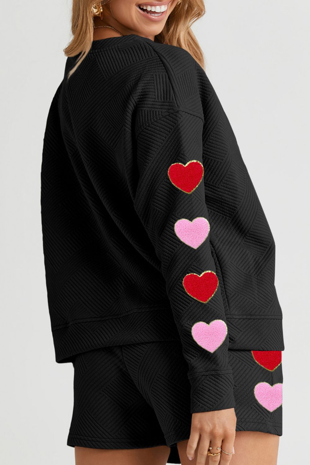 Cristina® | Set consisting of a heart textured crew neck top and drawstring shorts