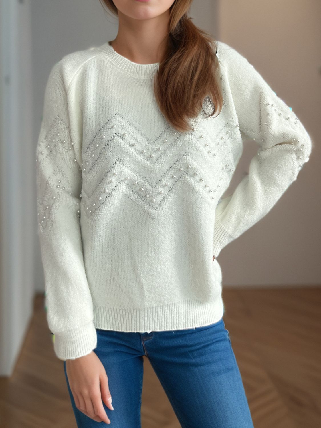 Concepcion® | Round neck sweater with raglan sleeves and pearl trim