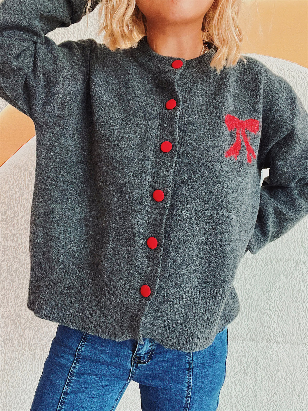 Beate® | Long-sleeved cardigan with bow and round neckline and buttons