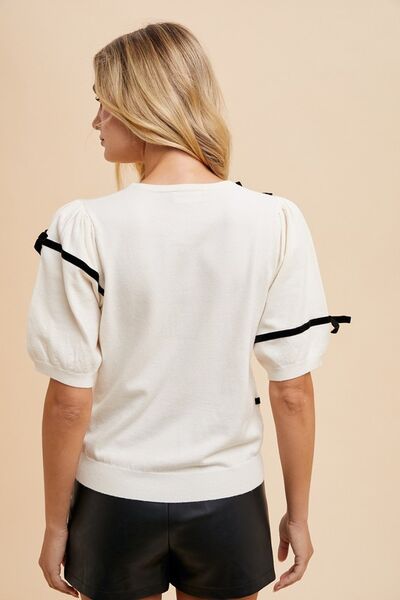 Alicia® | Striped knit top with bow and crew neck