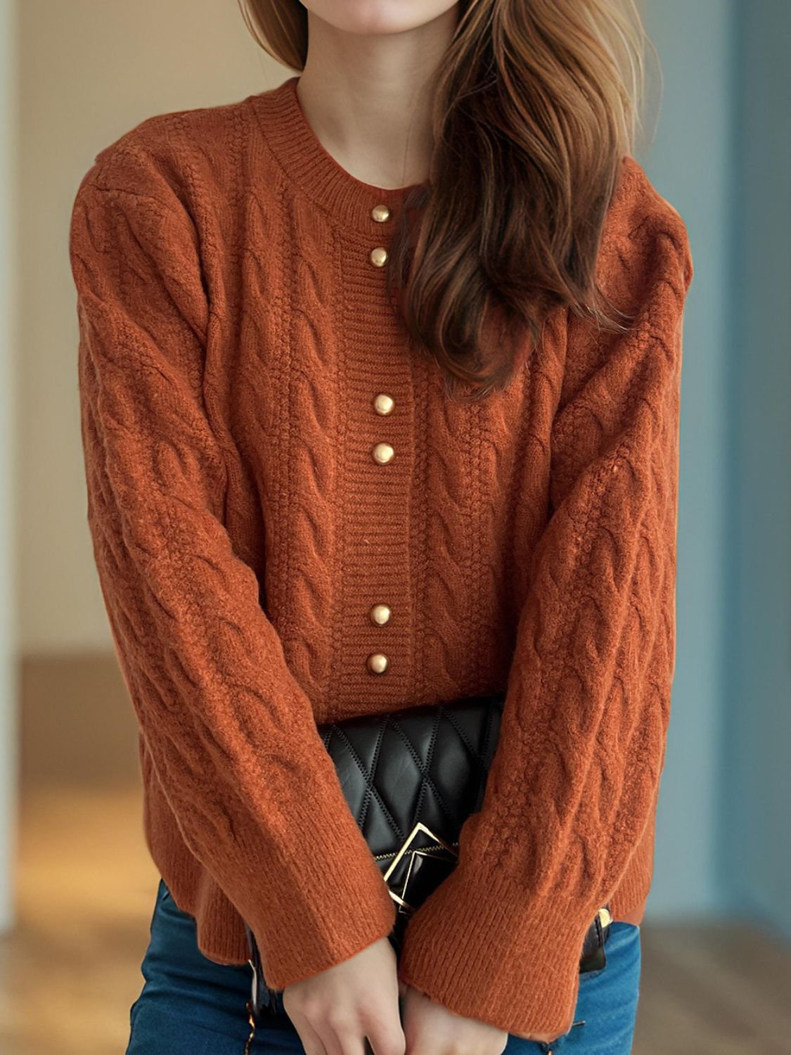Cristina® | Cable knit cardigan with a crew neck and long sleeves