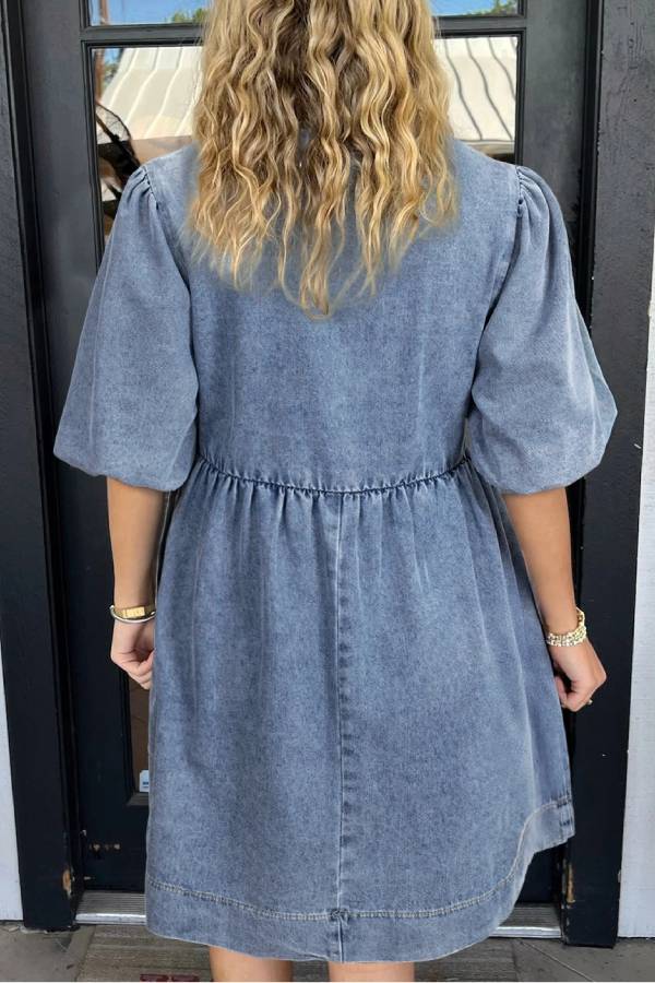 Delia® | Twilight blue denim dress with bow and puff sleeves