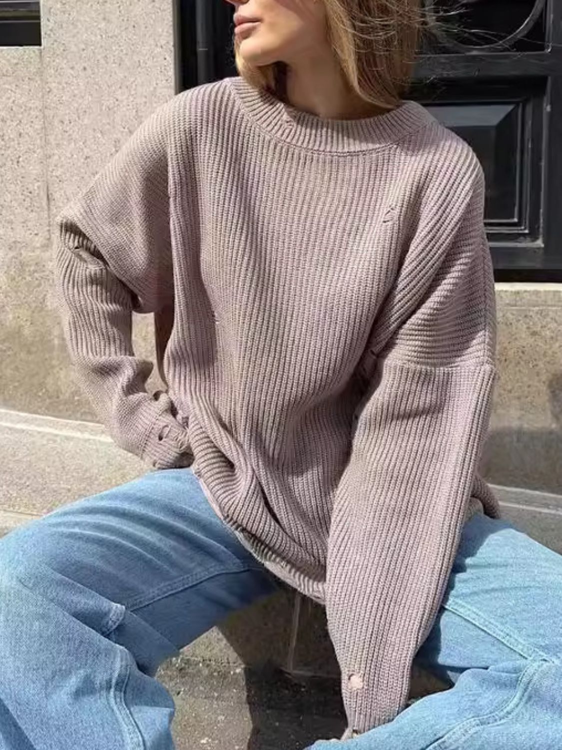 Brigitta® | Long-sleeved crew-neck sweater with a distressed look