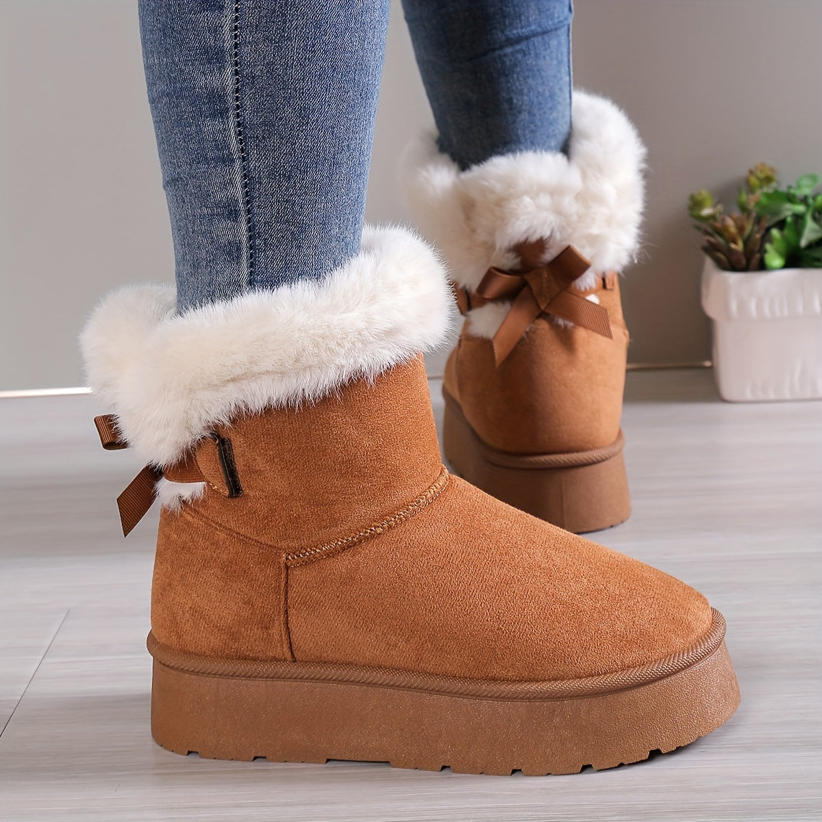 Women’s Ankle Boots – Suede Finish – Faux Fur Lined – Platform Sole – Bow Detail