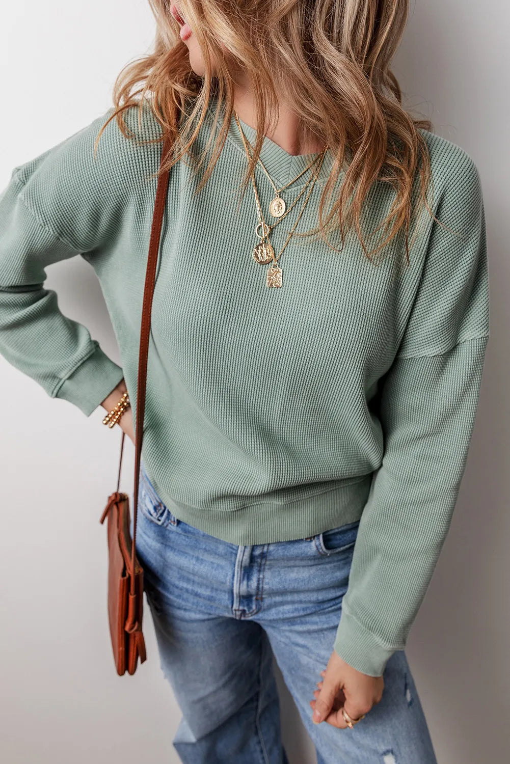 Avelina® | Waffle knit top with long sleeves and dropped shoulders