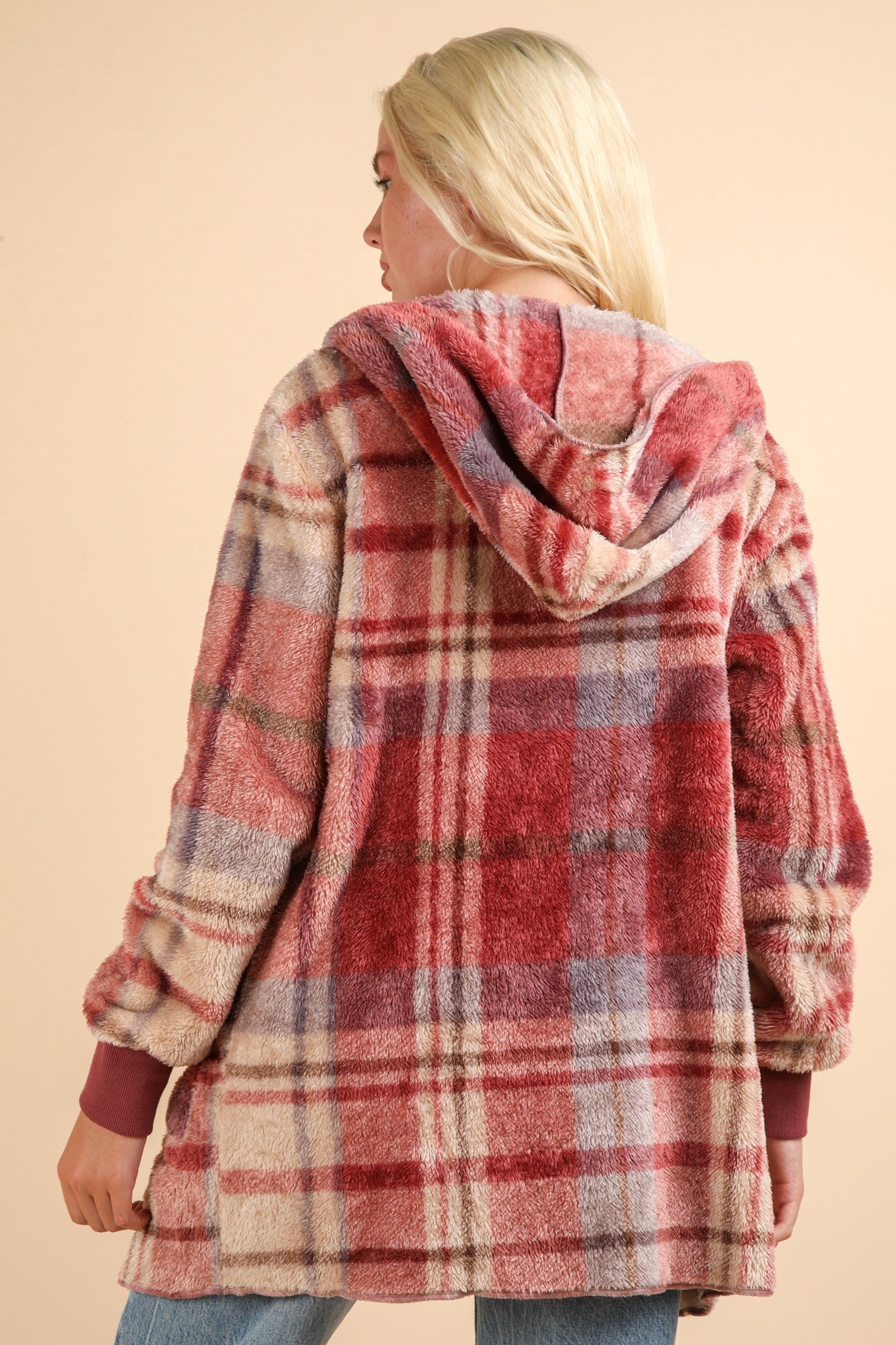 Araceli | VERY J Fuzzy Plaid Long Sleeve Hooded Jacket