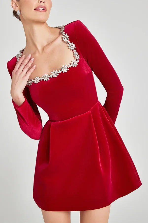 Aranza® | Endless Celebration jewel embellished velvet mini dress with long sleeve pockets