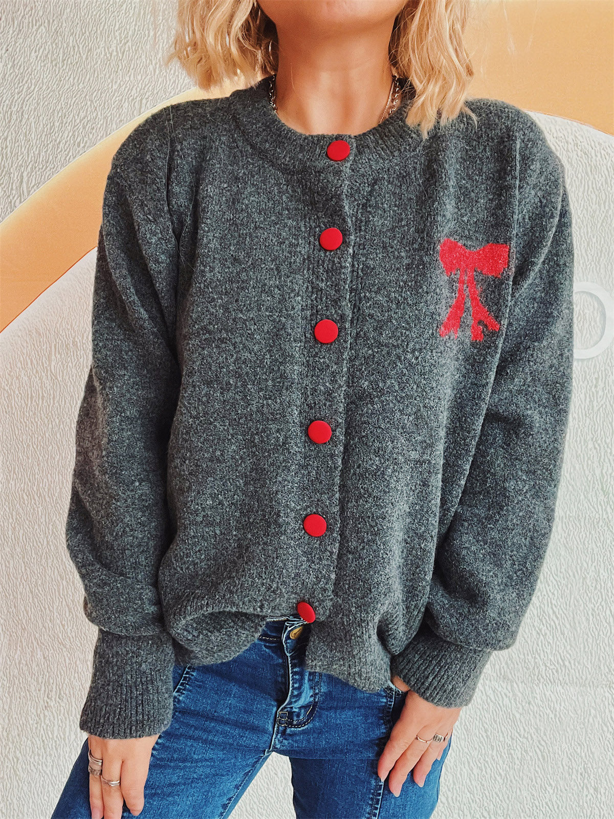 Beate® | Long-sleeved cardigan with bow and round neckline and buttons