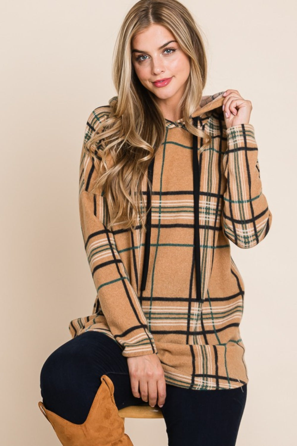 Elfriede® | Drawstring hoodie with check pattern and long sleeves