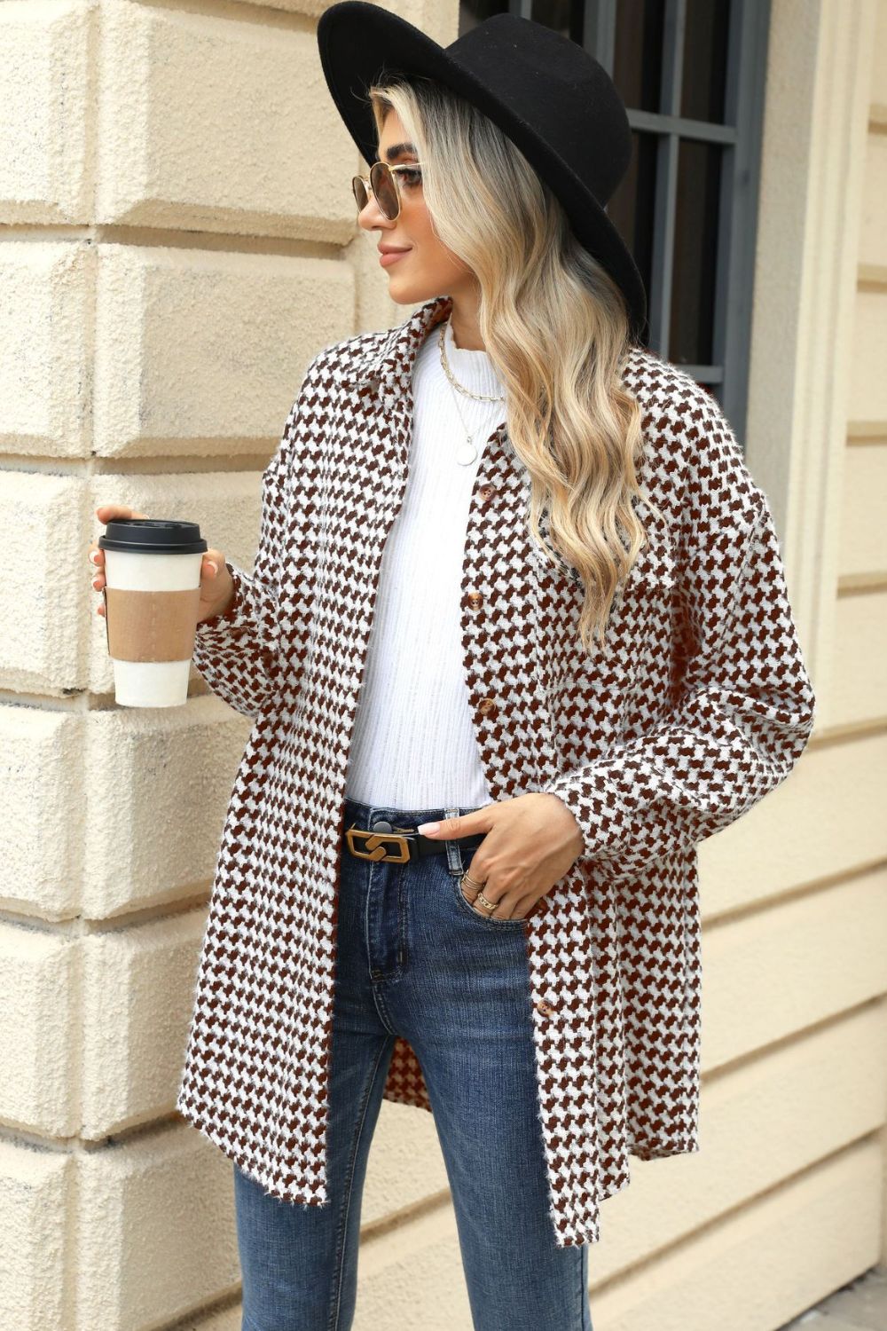 Anika® | Houndstooth coat with buttons and dropped shoulders