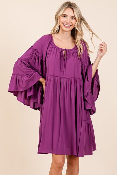 Alejandra® | Dress with ruffles and bell sleeves and tie collar