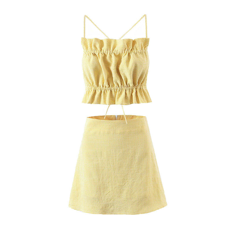 Calypso® | Yellow summer tank top and high waist short skirt set for women