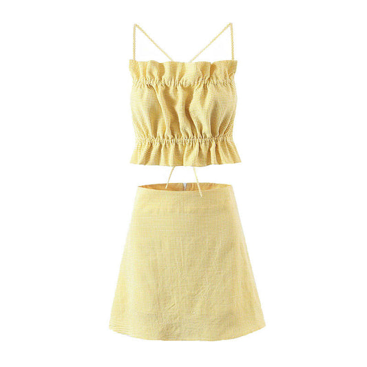 Calypso® | Yellow summer tank top and high waist short skirt set for women