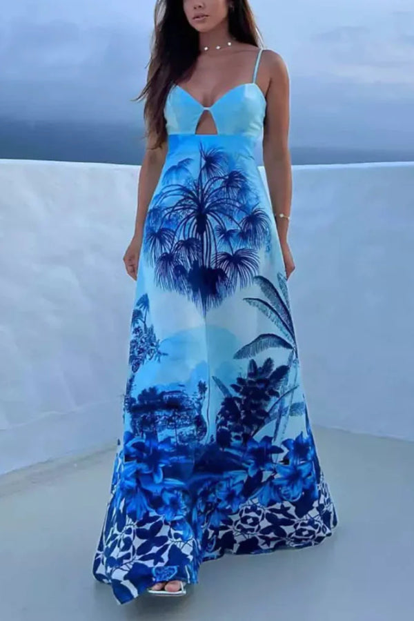 Alma® | Holiday blue dress with suspenders print