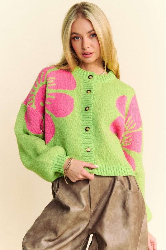 Alejandra® | Long-sleeved cardigan with a crew neck and floral contrast