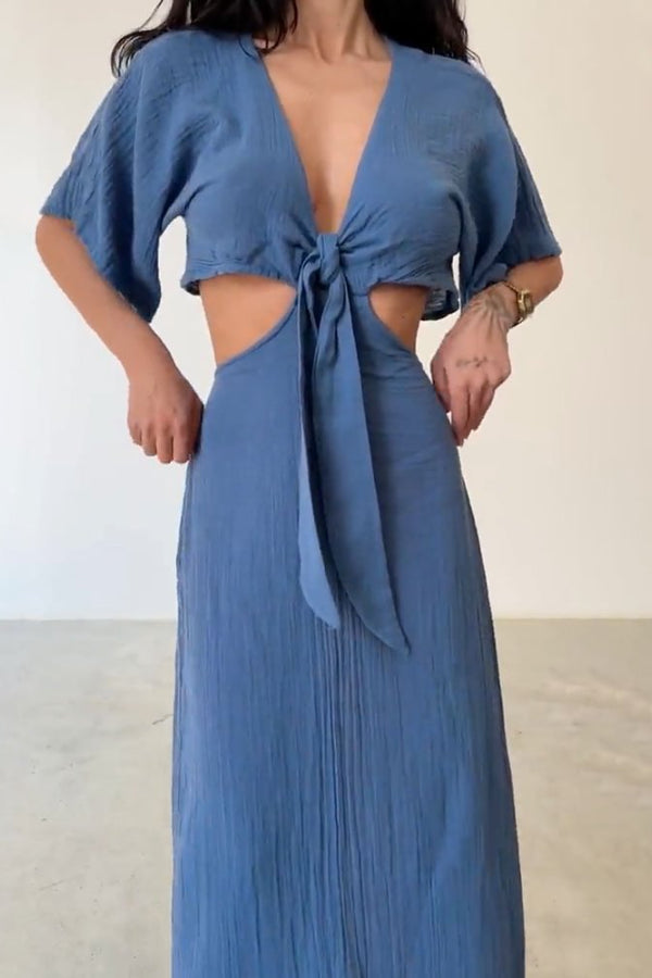 Elda® | Lace-up cotton and linen dress with exposed waist