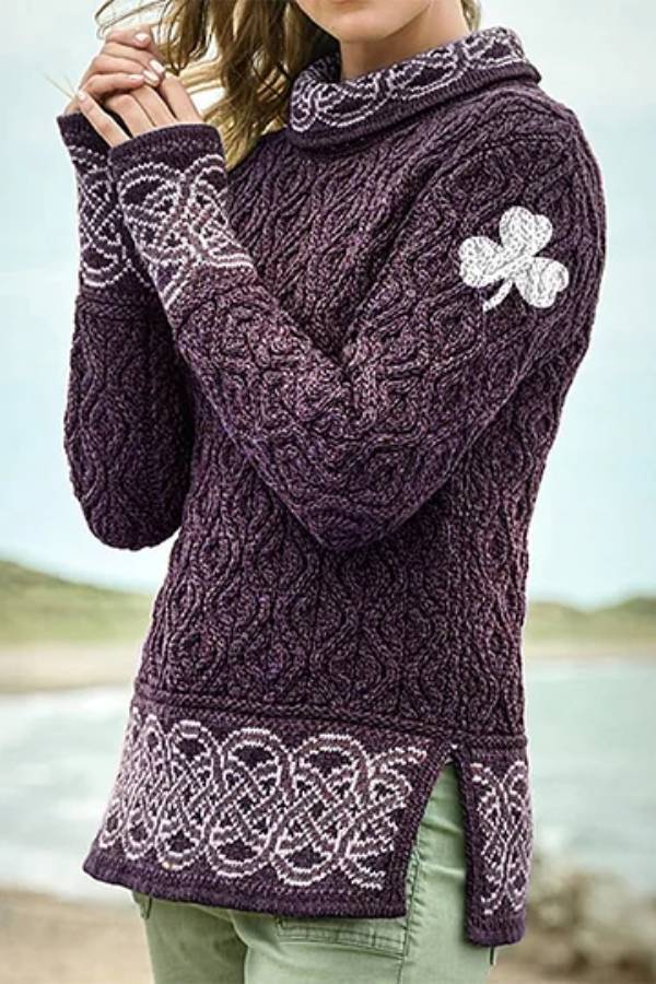 Alicia® | Women's Celtic knotted shamrock turtleneck sweater with creative jacquard