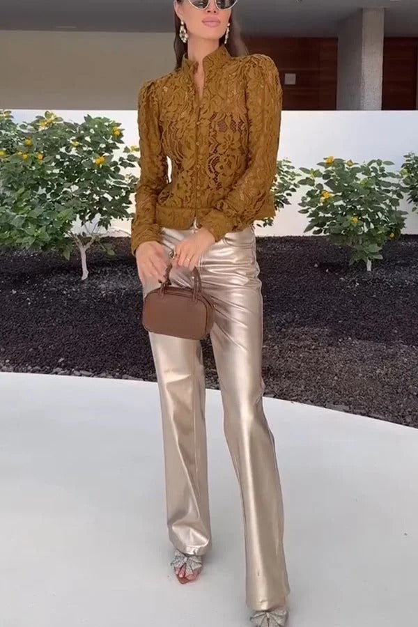 Daniela® | Palace Style Crochet Flower Lace Stand Neck Button Puff Sleeve Jacket