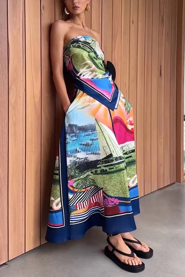 Carmen® | Seaside knotted shawl top and loose satin maxi skirt set with unique print