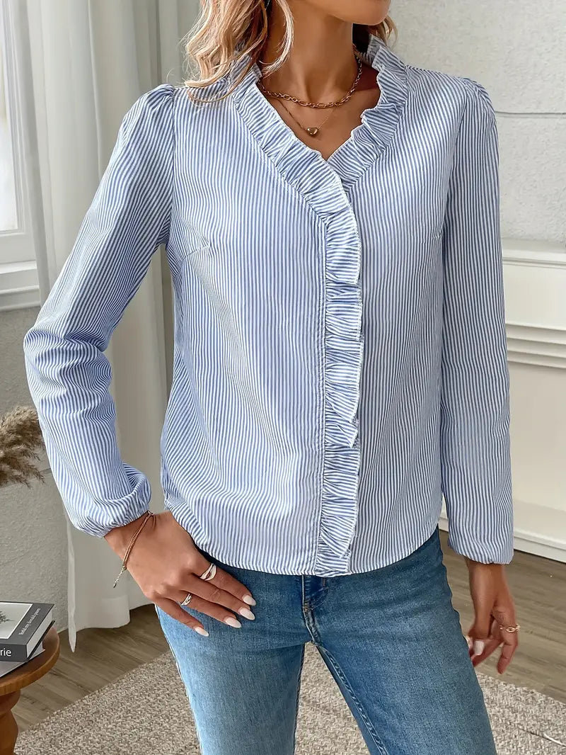 Brownell® | V-Neck Design Timeless Stripe Ruffle Top