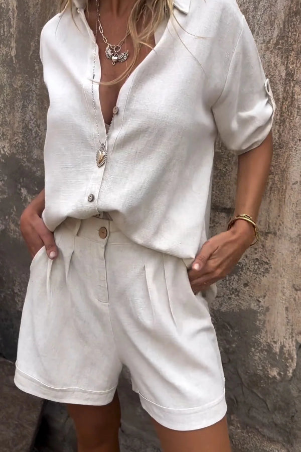 Aranza® | Orange cotton and linen summer suit with short sleeves