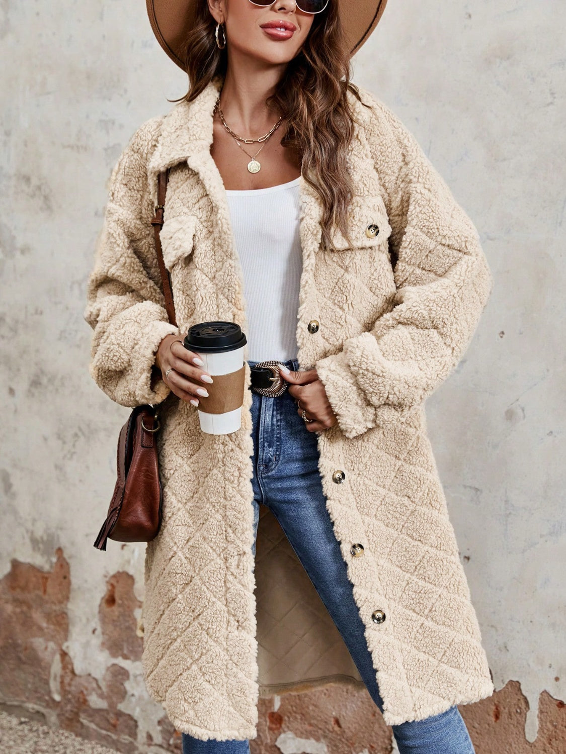 Bettina® | Fluffy, buttoned, long-sleeved coat with dropped shoulders