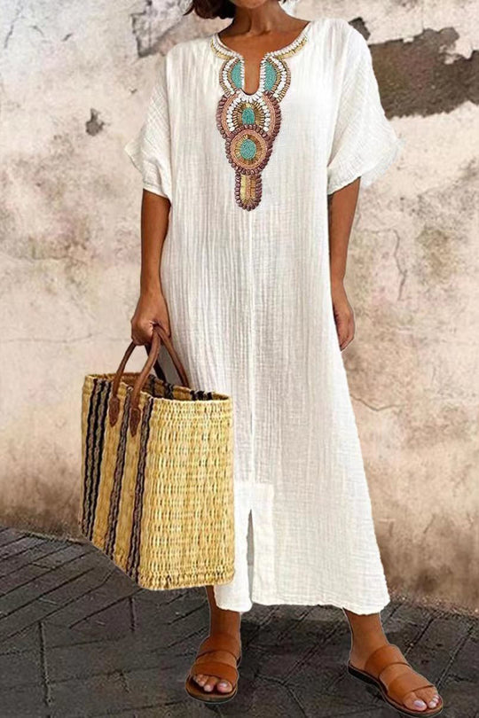 Aurora® | Linen and cotton slit dress with embroidery