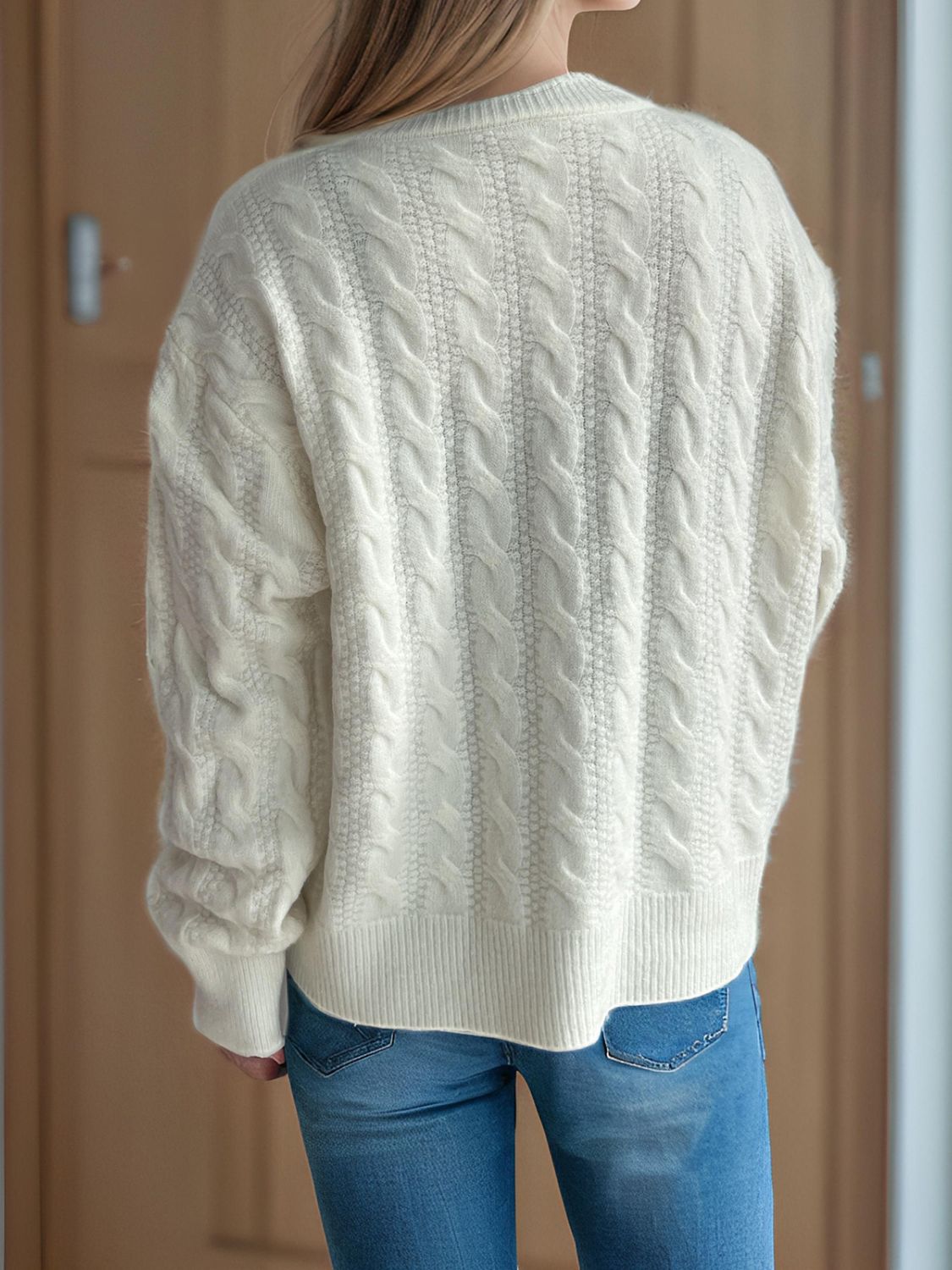 Cristina® | Cable knit cardigan with a crew neck and long sleeves