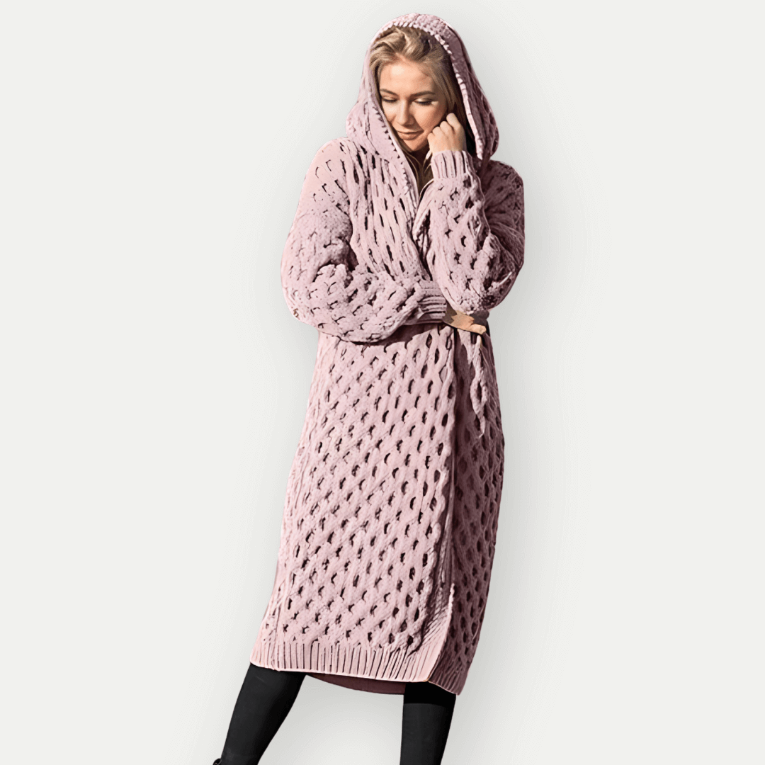 Women’s Hooded Jacket – Wool Knit – Relaxed Fit – Longline – Cable Pattern – Open Front