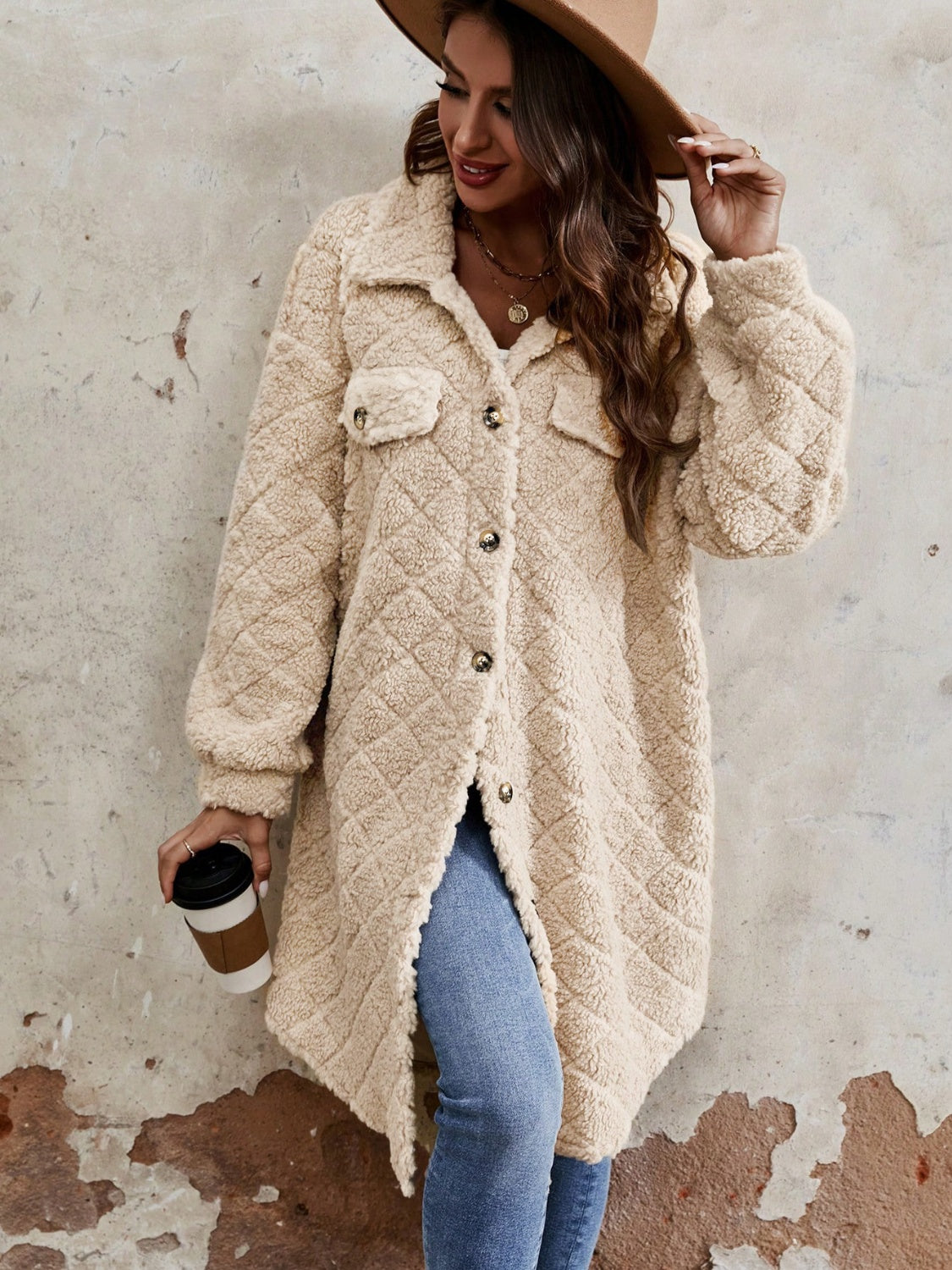Bettina® | Fluffy, buttoned, long-sleeved coat with dropped shoulders