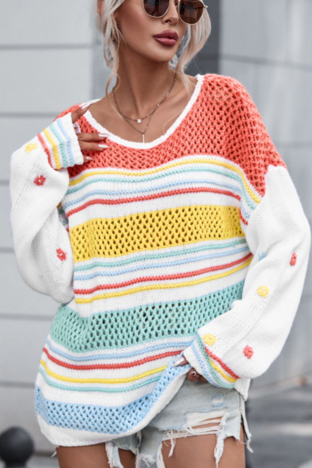 Elara® | Hollow striped color block crew neck sweater