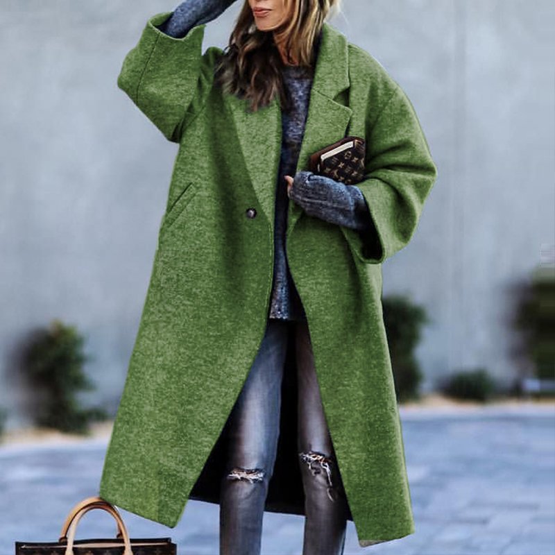 Women’s Long Coat – Wool Blend – Oversized Fit – Single Button – Color block Style