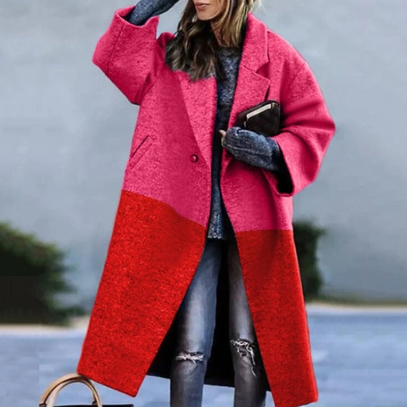 Women’s Long Coat – Wool Blend – Oversized Fit – Single Button – Color block Style