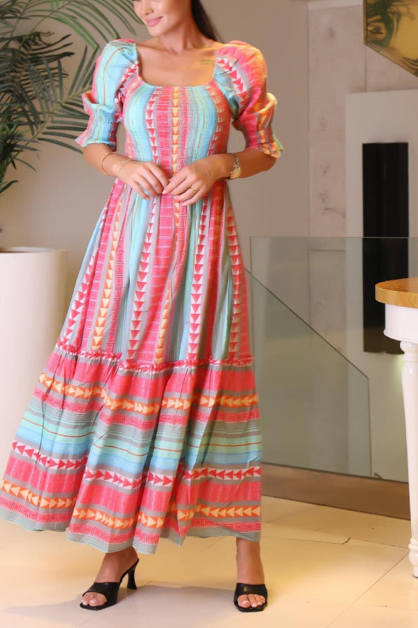 Brigitte® | Mint short sleeve patterned long gimped dress