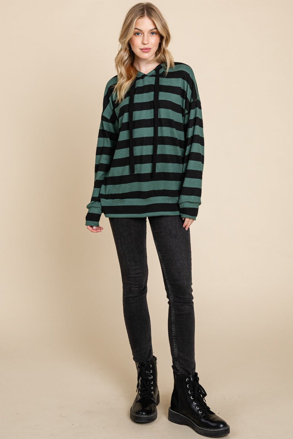 Antonella® | BOMBOM drawstring hoodie with stripes and low shoulders