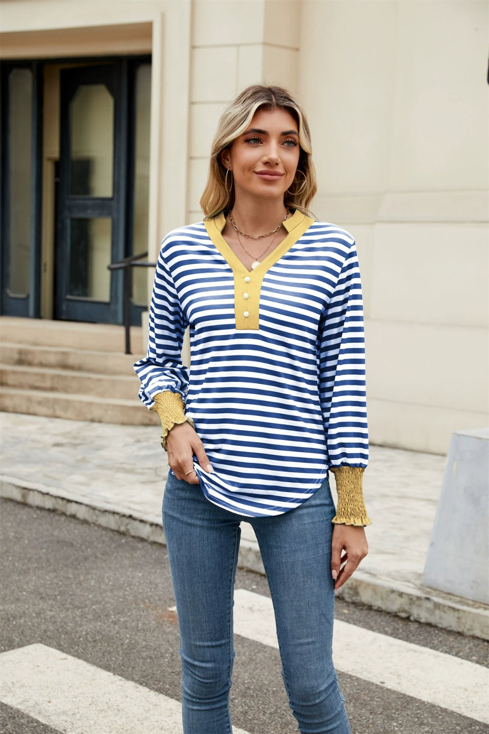 Elena® | Contrast striped long sleeve top with notches