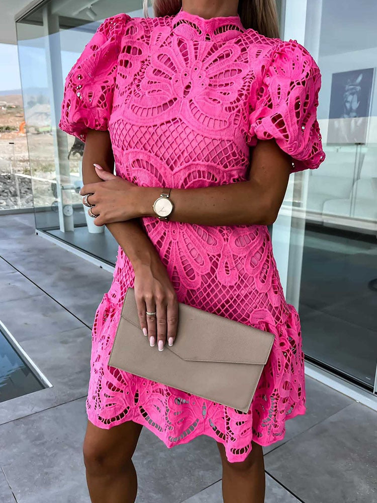 Elara® | Stylish puff sleeve lace dress for women