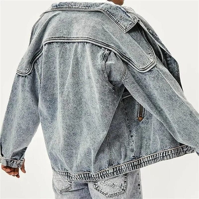 Men’s Denim Jacket – Relaxed Fit – Button Front – Flap Pockets – Shoulder Zippers