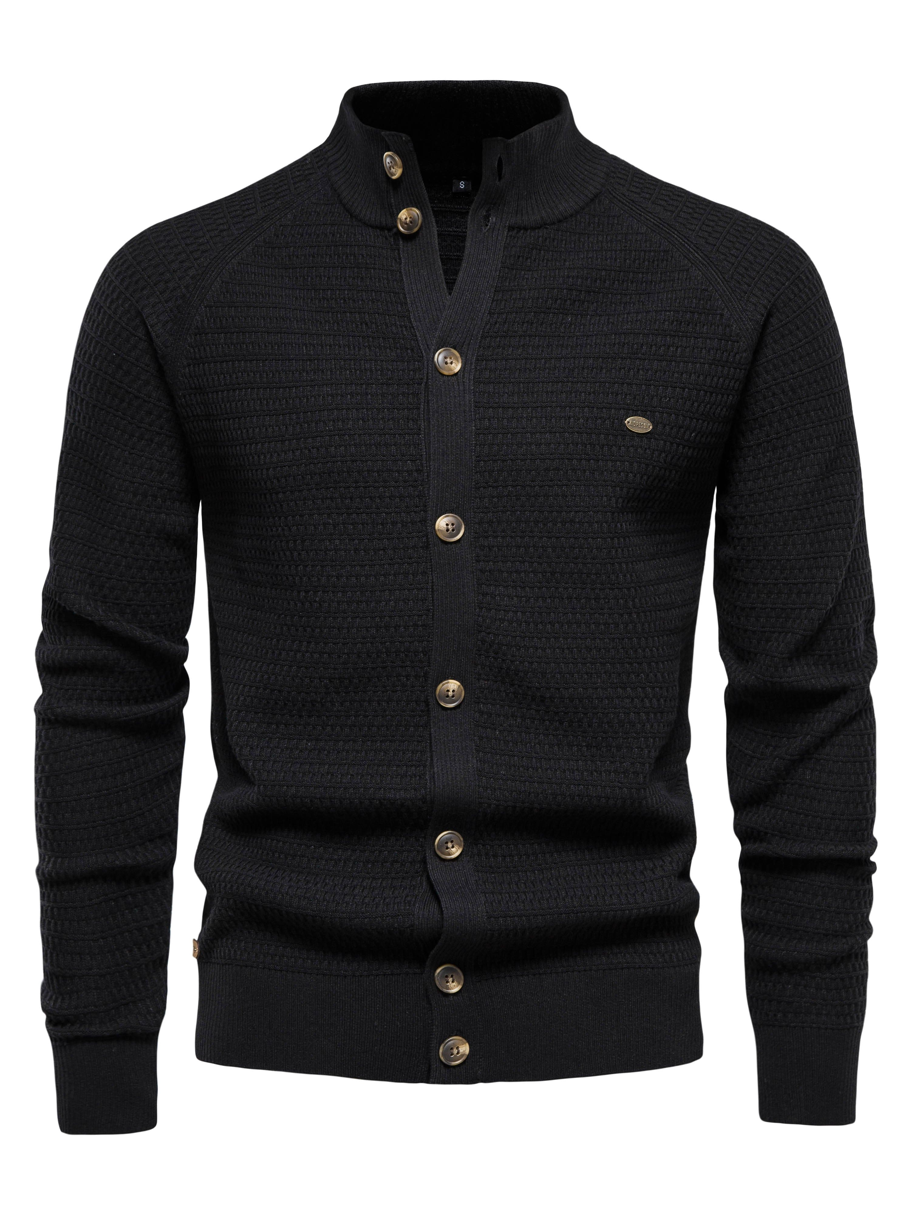 Men’s Sweater – Slim Fit – Ribbed High Collar – Button Front – Textured Knit