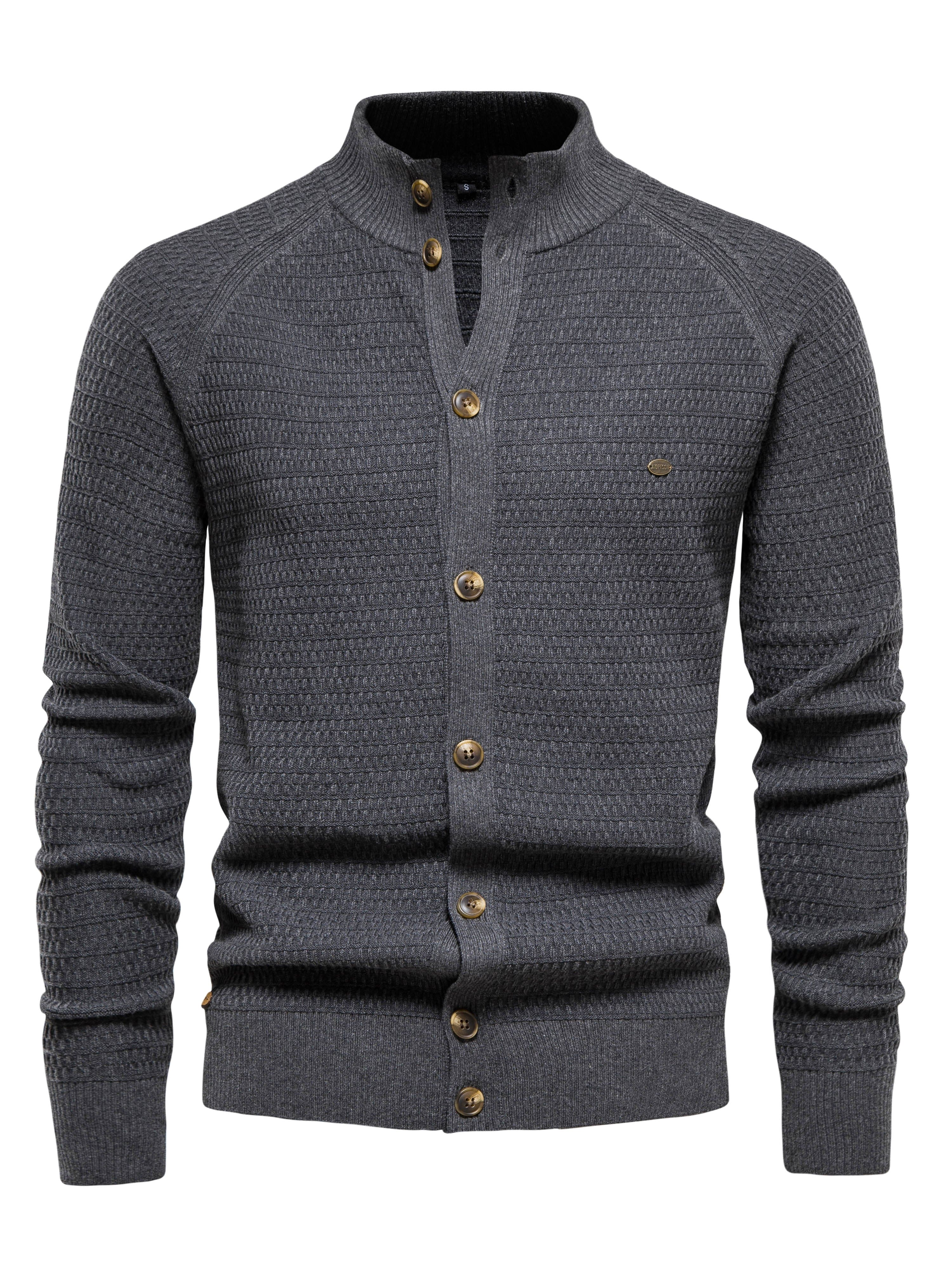 Men’s Sweater – Slim Fit – Ribbed High Collar – Button Front – Textured Knit
