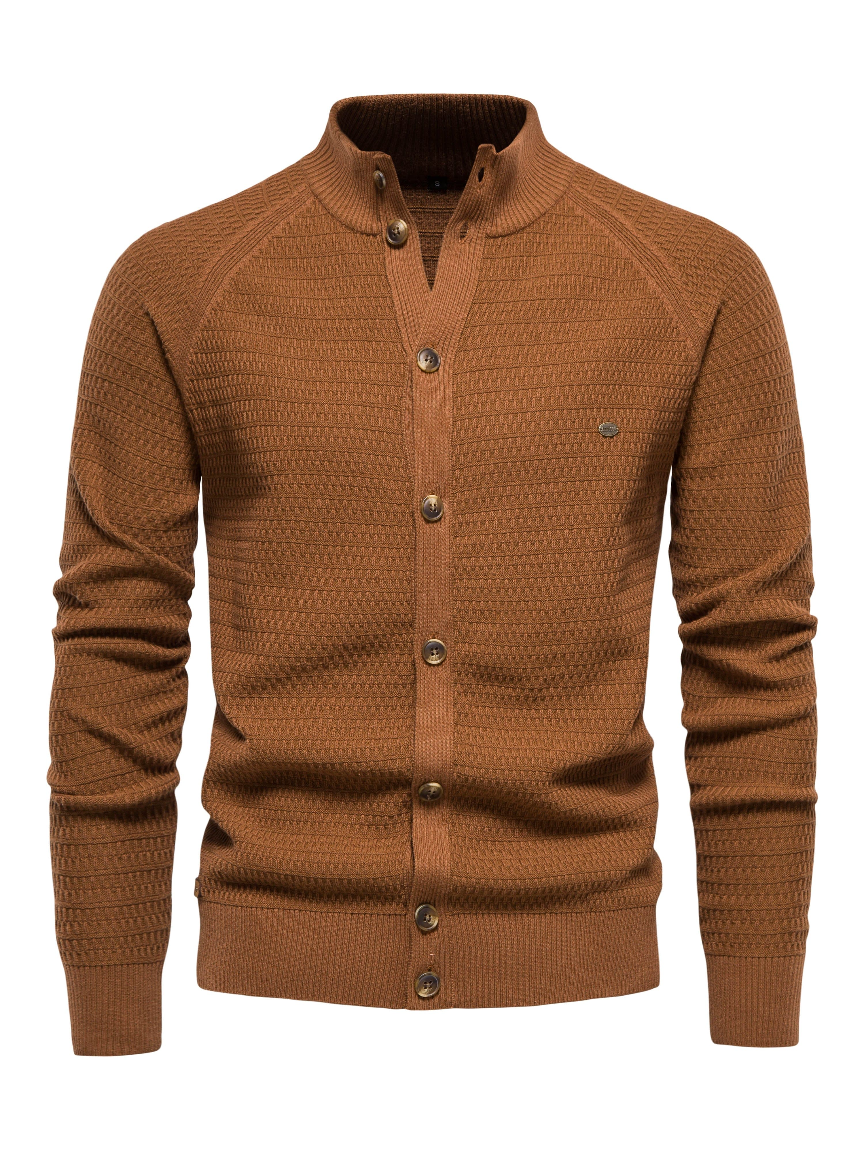 Men’s Sweater – Slim Fit – Ribbed High Collar – Button Front – Textured Knit