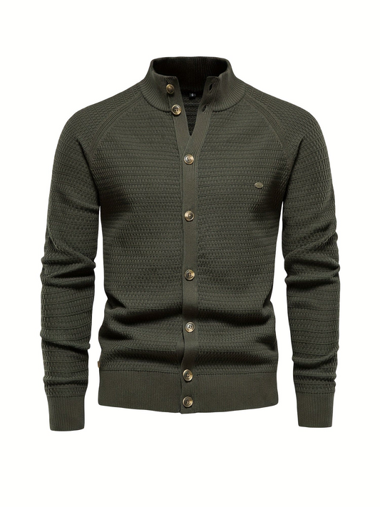 Men’s Sweater – Slim Fit – Ribbed High Collar – Button Front – Textured Knit