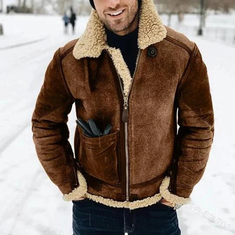 Men’s Bomber Jacket – Structured Fit – Suede Look – Shearling Collar & Cuffs – Zip Closure
