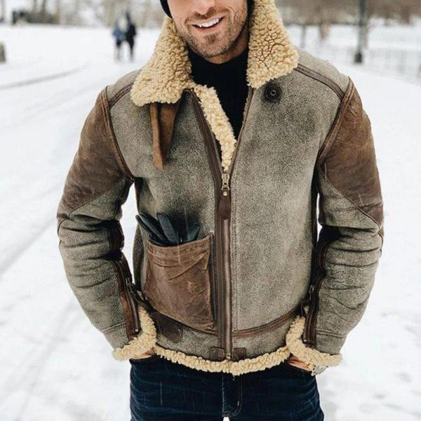 Men’s Bomber Jacket – Structured Fit – Suede Look – Shearling Collar & Cuffs – Zip Closure