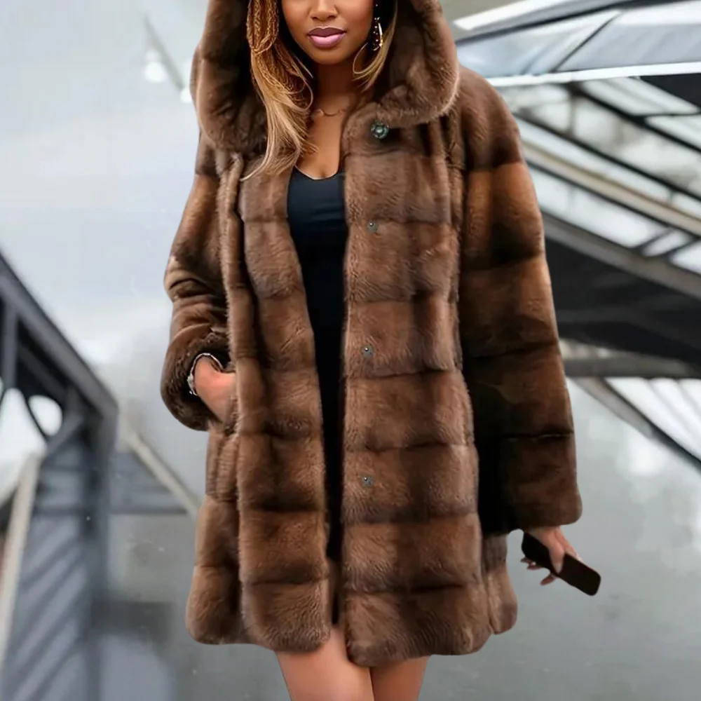 Women’s Trench Coat – Faux Fur – Relaxed Fit – Hooded – Mid-Thigh Length