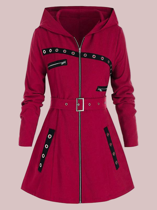 Women’s Hooded Coat – Tailored Regular Fit – Wool Feel – Belted A-Line – Zip Front