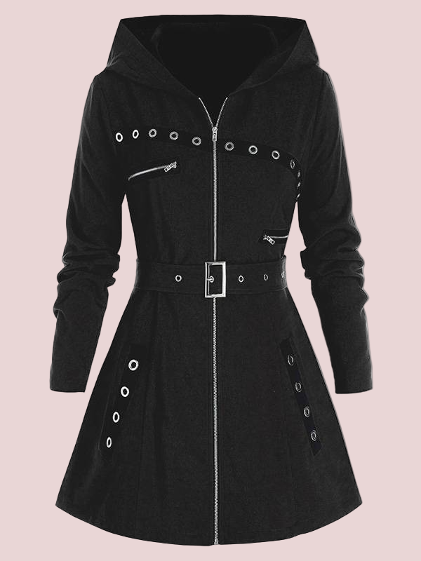 Women’s Hooded Coat – Tailored Regular Fit – Wool Feel – Belted A-Line – Zip Front