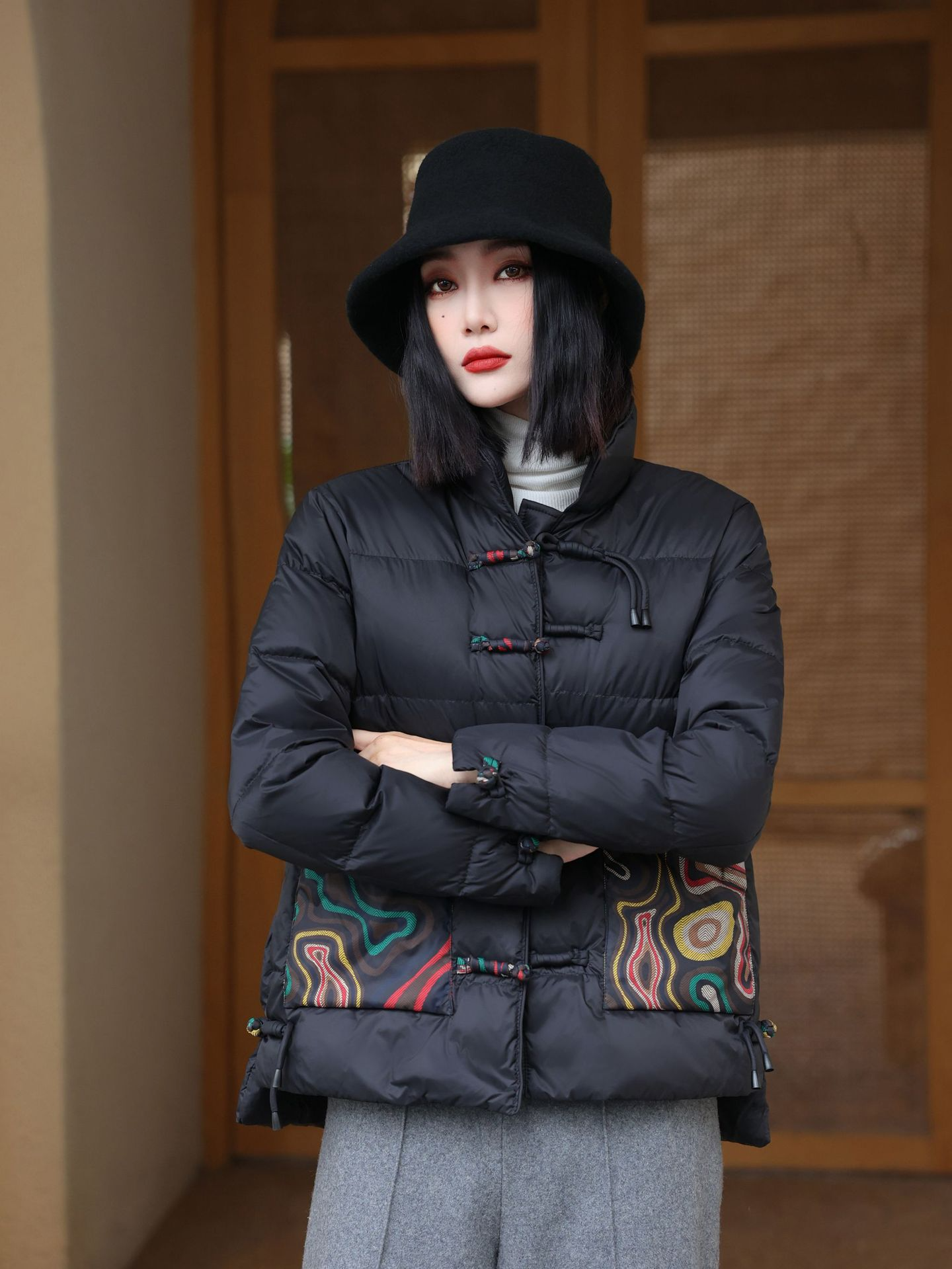 Women’s Jacket – Oversized Quilted Puff – High Collar – Frog Closures – Patterned Pockets