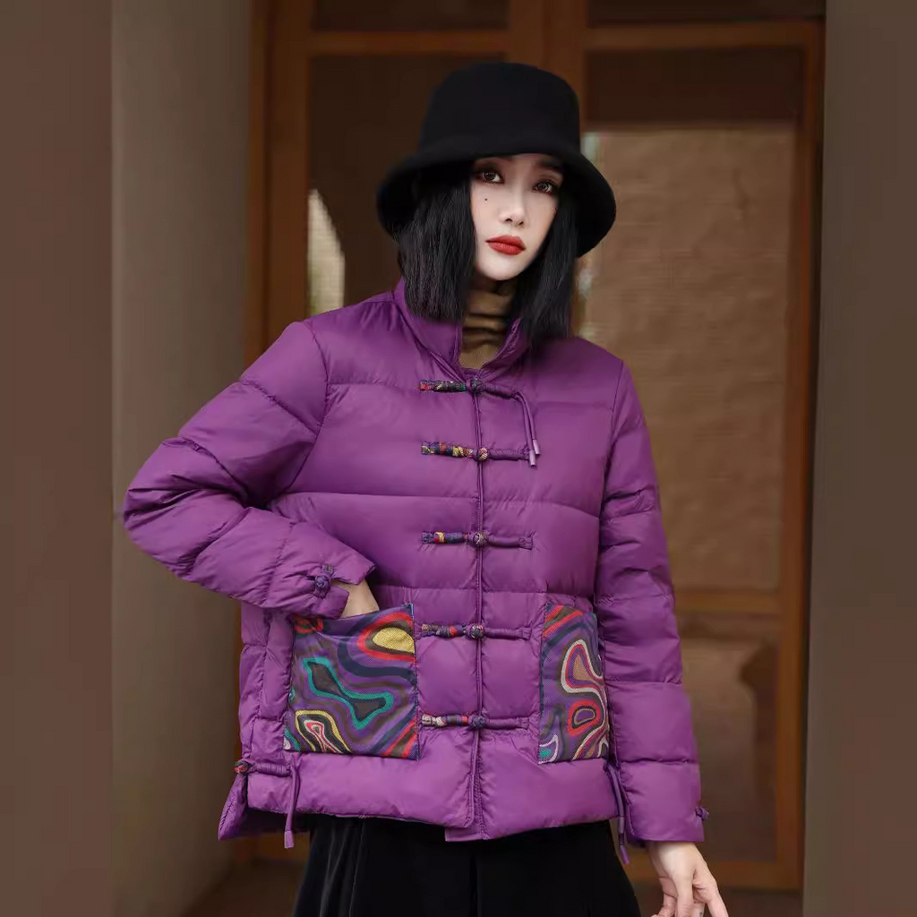 Women’s Jacket – Oversized Quilted Puff – High Collar – Frog Closures – Patterned Pockets